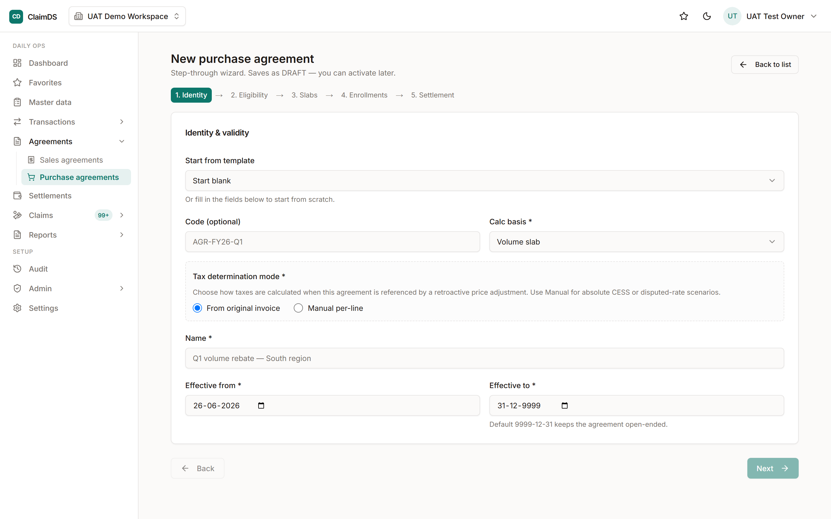 Setting up a purchase-side vendor agreement in ClaimDS.