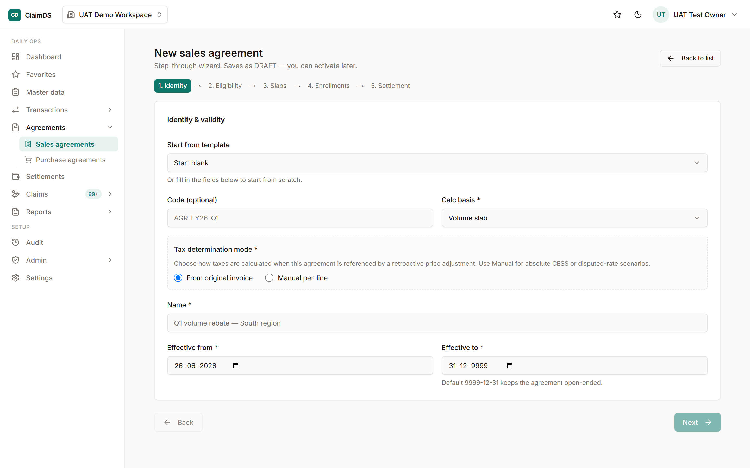 Creating a sales rebate agreement in ClaimDS.