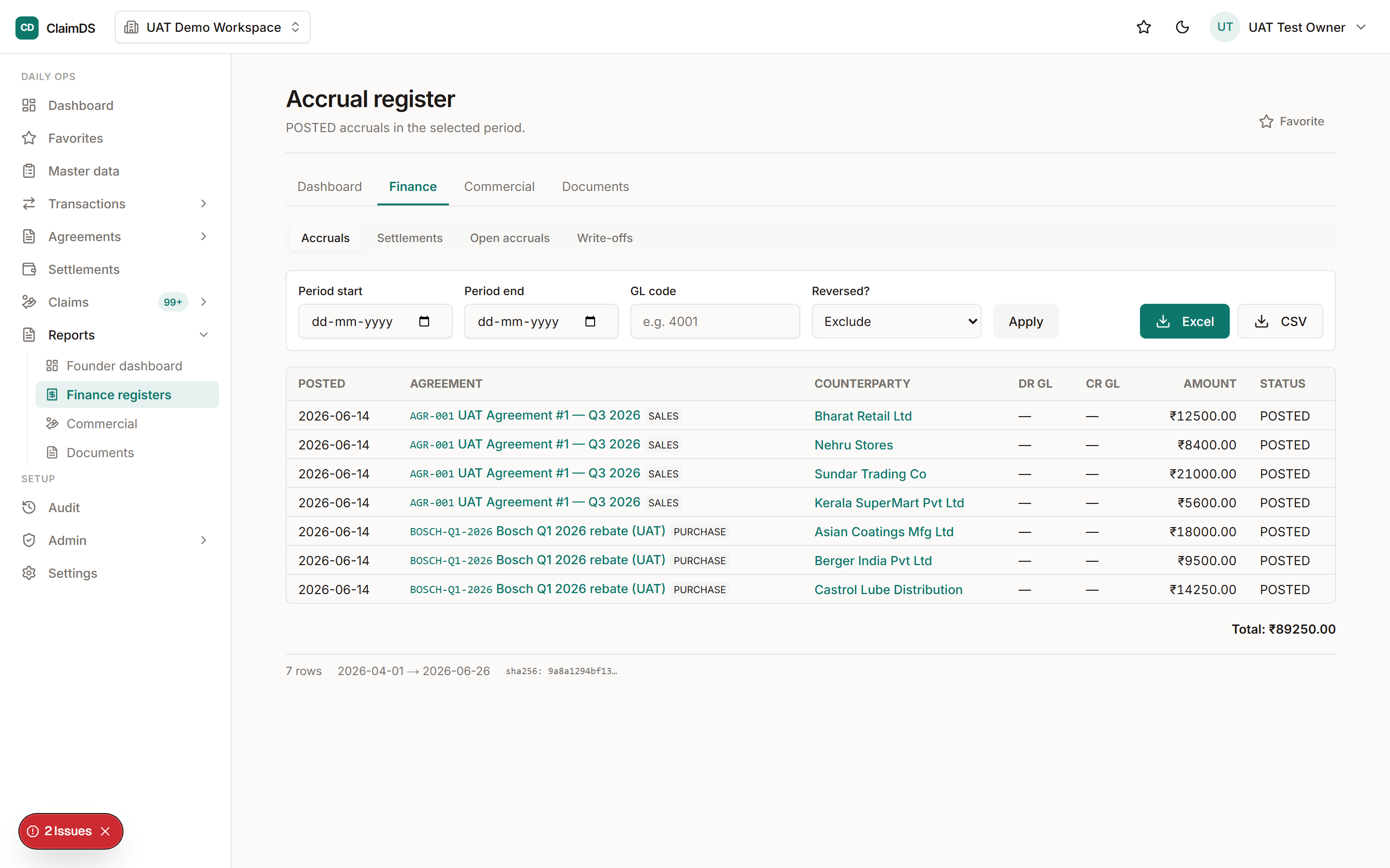 Live accrual tracking in ClaimDS finance.