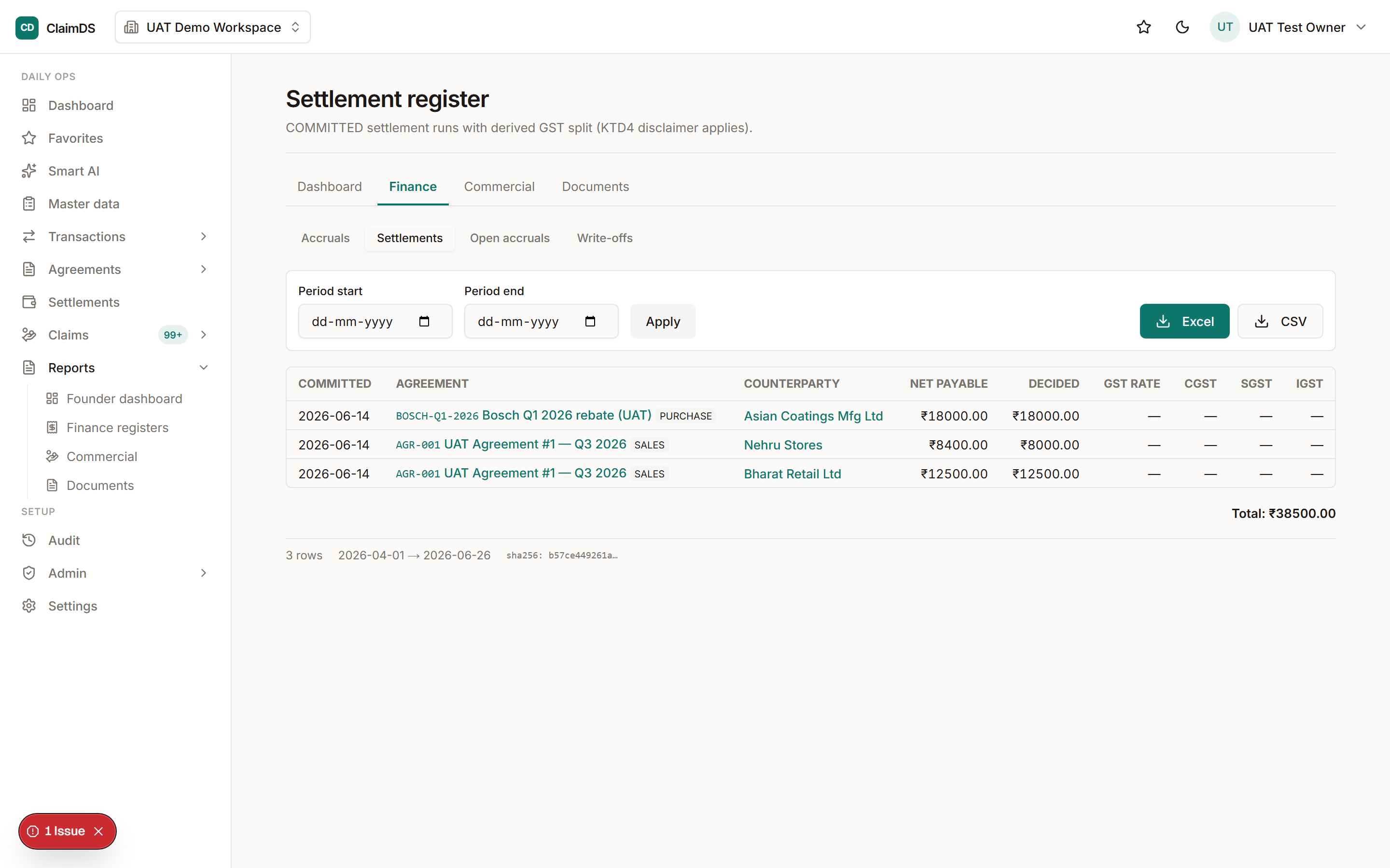 Finance settlements in ClaimDS.