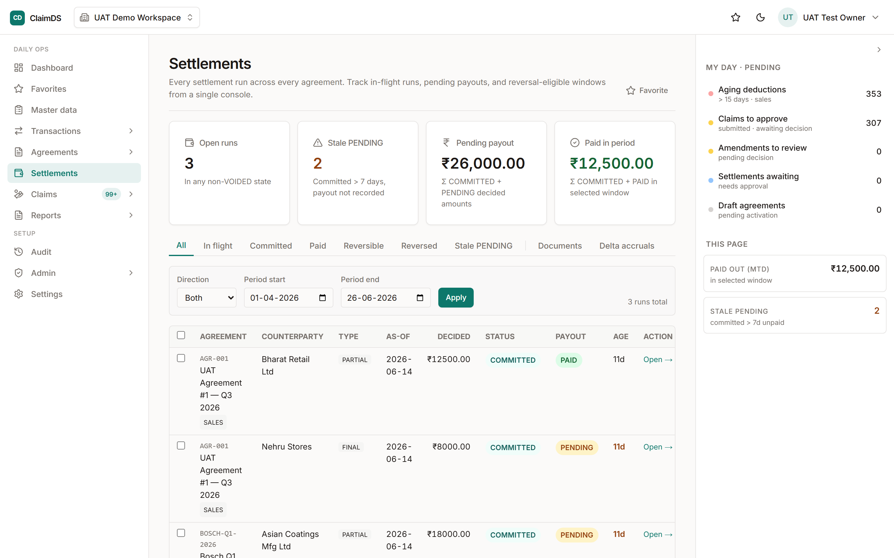 Settlements in ClaimDS.