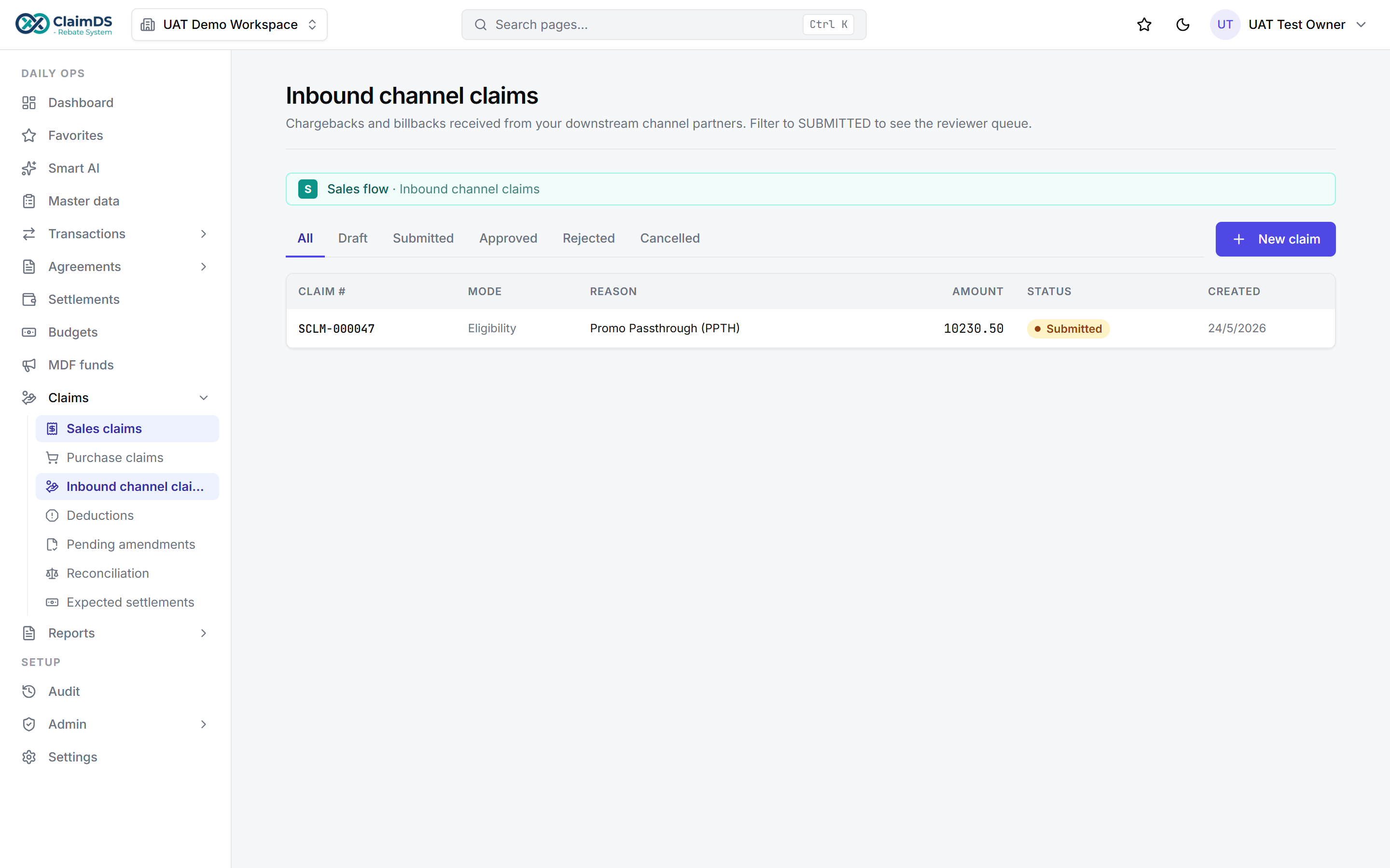 Inbound channel claims in ClaimDS — chargebacks and billbacks captured and validated against agreements before settlement.