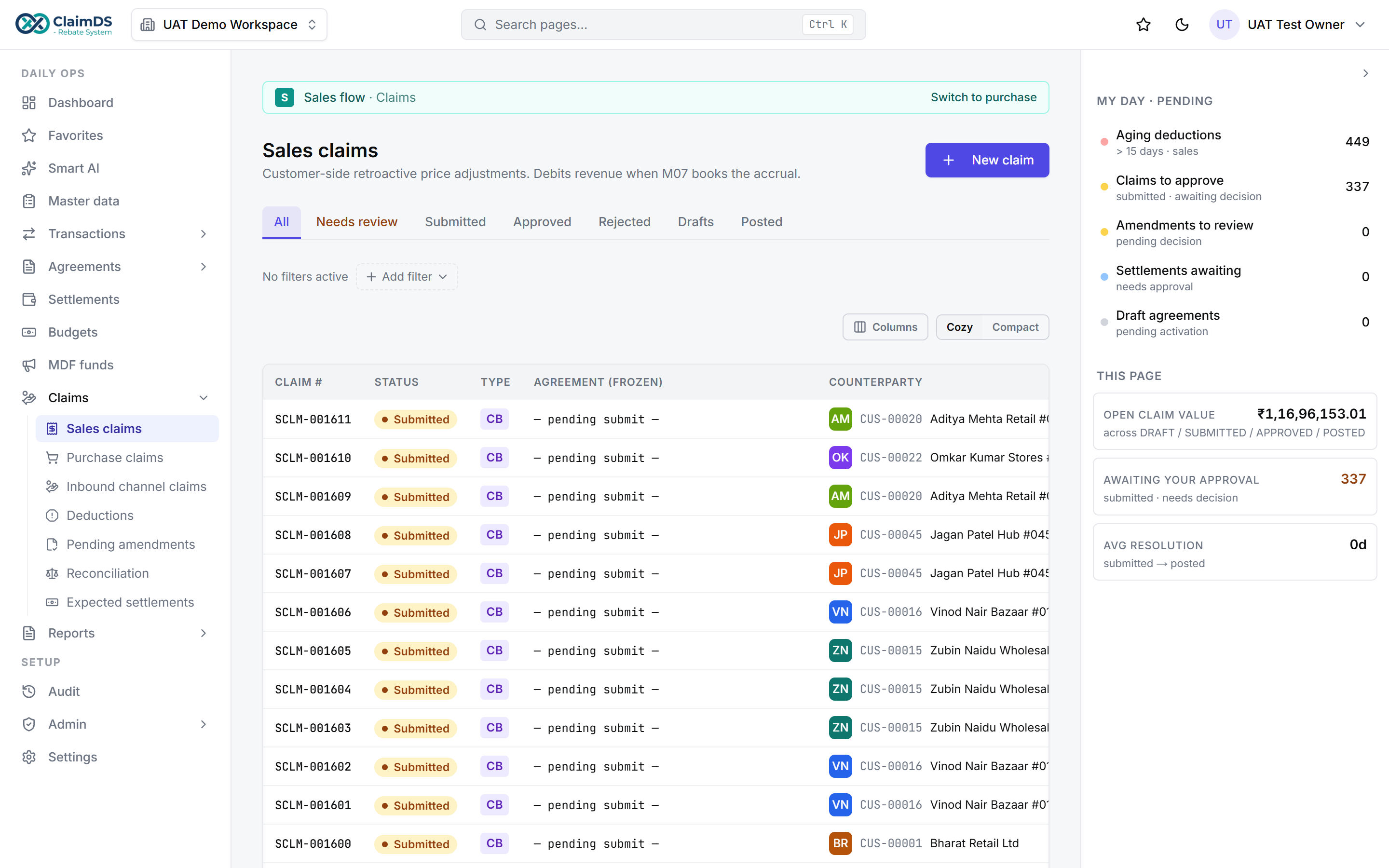 ClaimDS claims queue showing claims and their ageing and status across the dealer network.