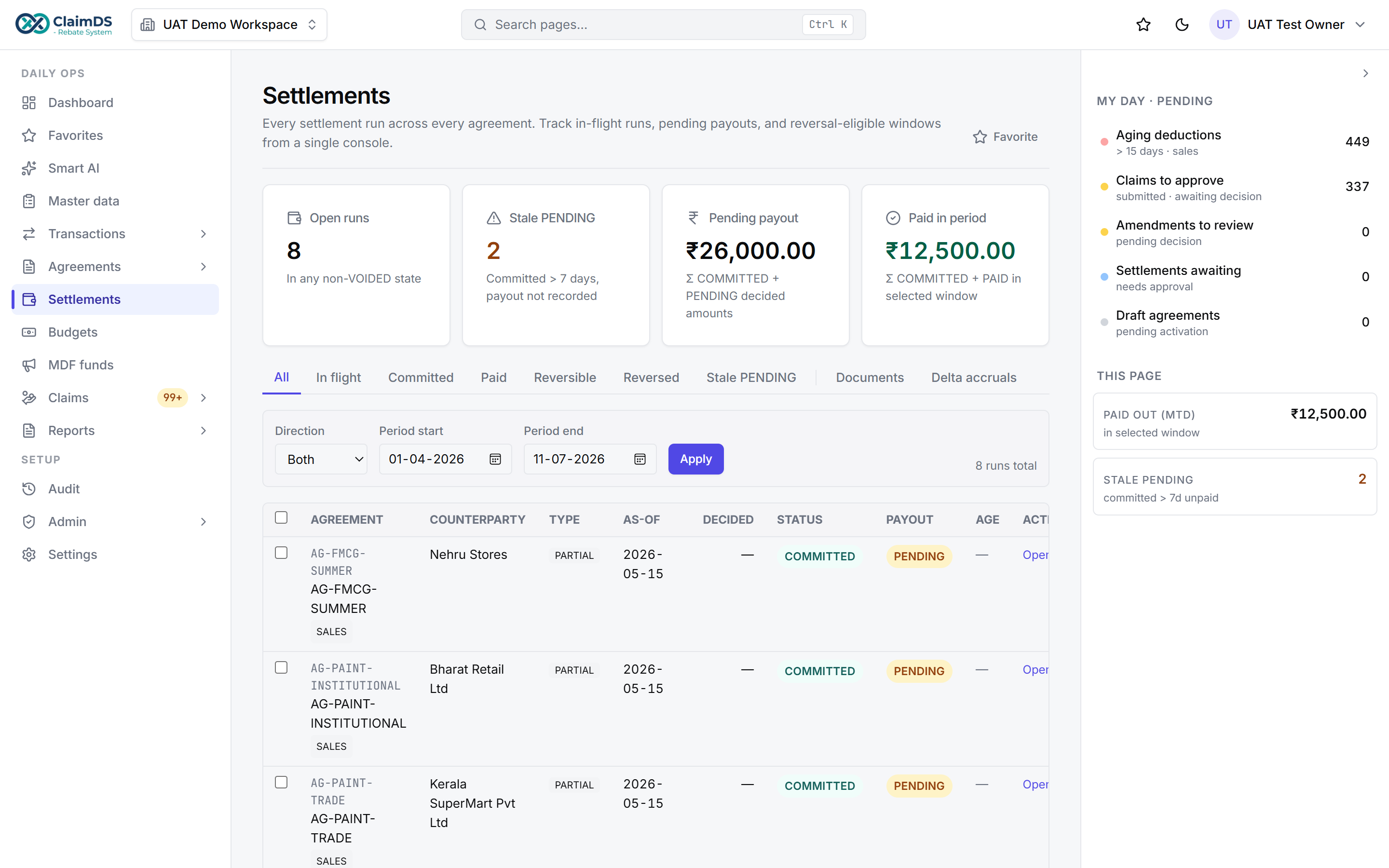 ClaimDS settlements screen, where a reconciled claim becomes the credit note or payout that determines its tax treatment.